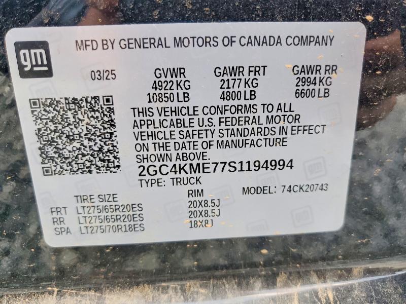 Aukcja sprzedaży 2025 Chevrolet Silverado, vin: 2GC4KME77S1194994, numer aukcji: 59377096