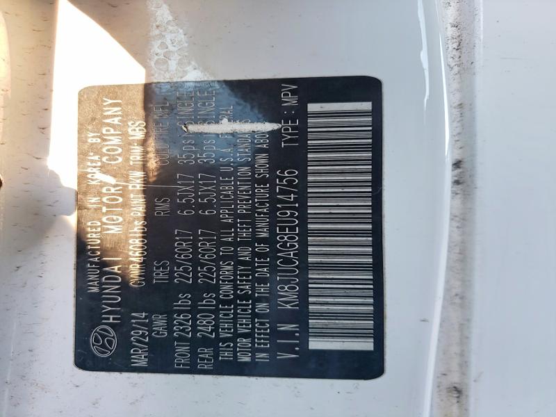 2014 Hyundai Tucson მანქანა იყიდება აუქციონზე, vin: KM8JUCAG8EU914756, აუქციონის ნომერი: 62829196