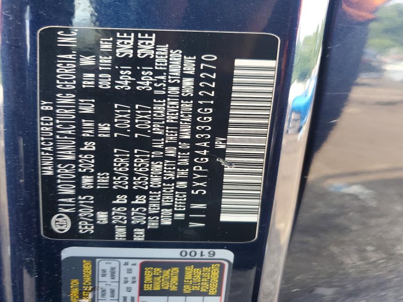 59184616 :رقم المزاد ، 5XYPG4A33GG122270 vin ، 2016 Kia Sorento مزاد بيع
