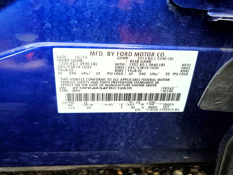 2015 Ford Edge მანქანა იყიდება აუქციონზე, vin: 2FMPK4K94FBC12835, აუქციონის ნომერი: 61031306