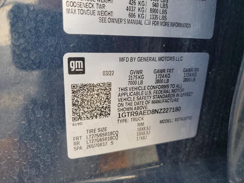 59297246 :رقم المزاد ، 1GTR9AED8NZ227180 vin ، 2022 Gmc Sierra Limited مزاد بيع