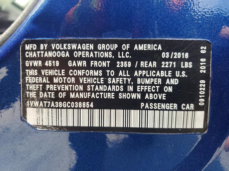 2016 Volkswagen Passat მანქანა იყიდება აუქციონზე, vin: 1VWAT7A38GC038854, აუქციონის ნომერი: 60583216