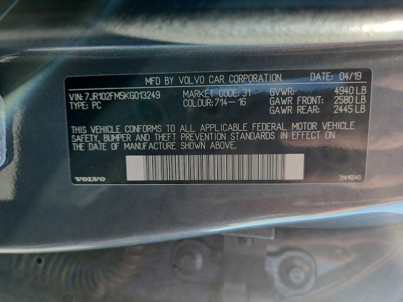 63118036 :رقم المزاد ، 7JR102FM5KG013249 vin ، 2019 Volvo S60 مزاد بيع