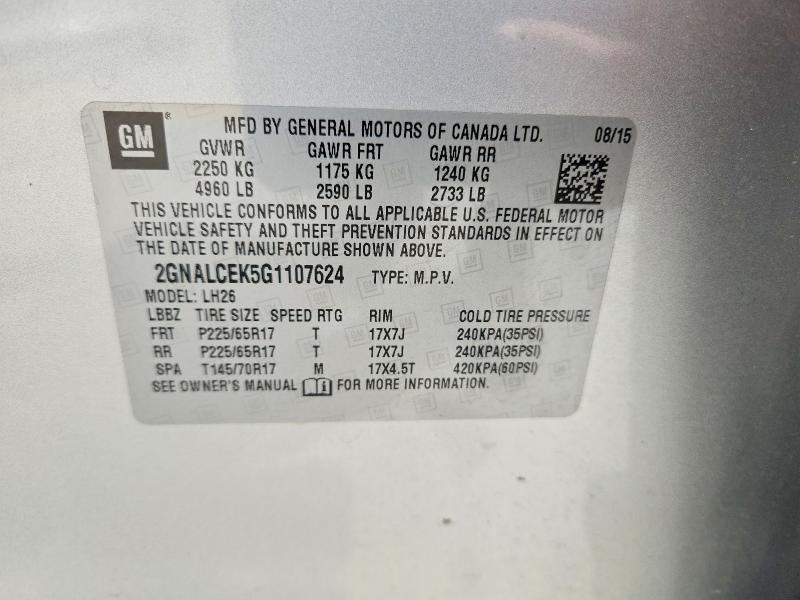 62056756 :رقم المزاد ، 2GNALCEK5G1107624 vin ، 2016 Chevrolet Equinox مزاد بيع