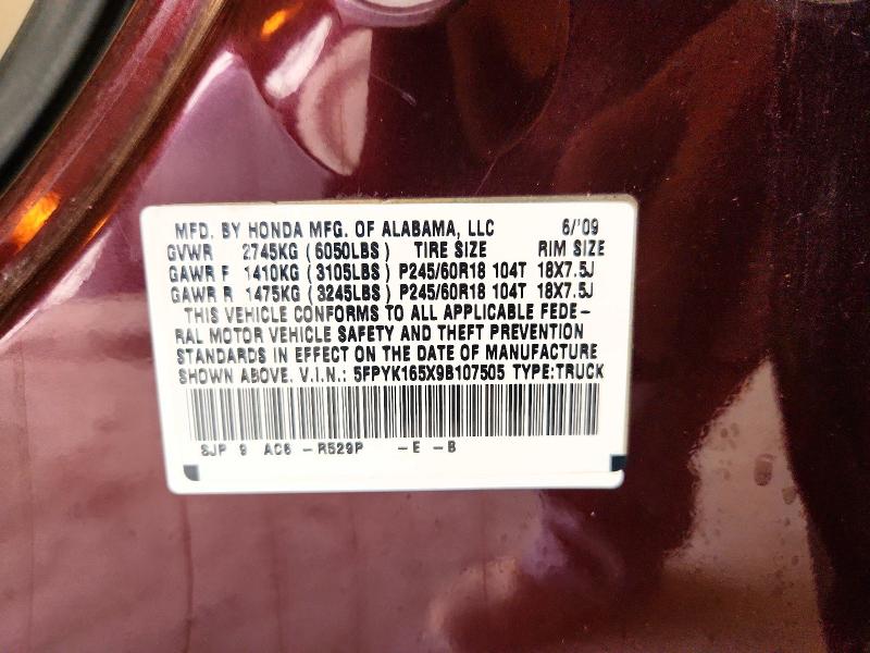 59736046 :رقم المزاد ، 5FPYK165X9B107505 vin ، 2009 Honda Ridgeline مزاد بيع