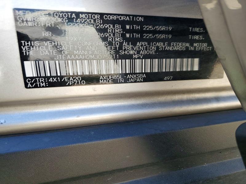 2021 Toyota Venza მანქანა იყიდება აუქციონზე, vin: JTEAAAH2MJ075211, აუქციონის ნომერი: 63372566