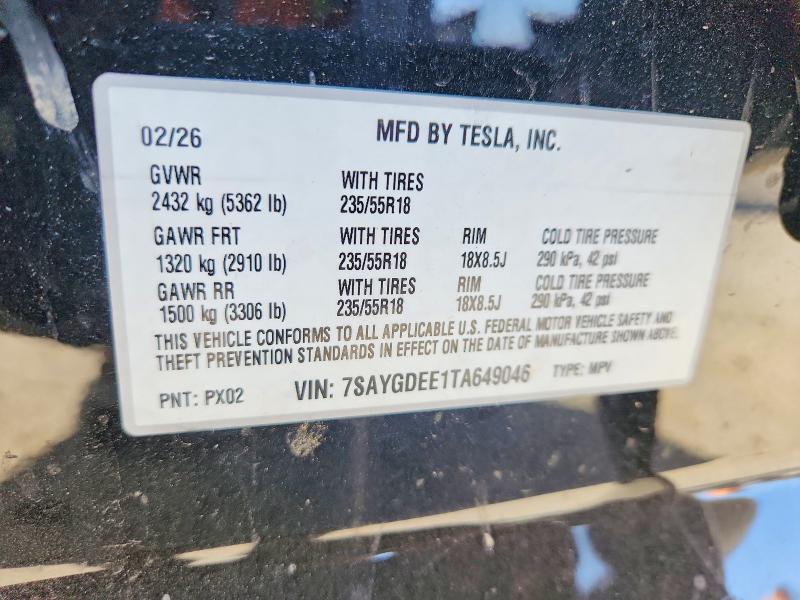 Aukcja sprzedaży 2026 Tesla Model Y, vin: 7SAYGDEE1TA649046, numer aukcji: 85634385