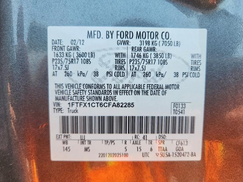 61008446 :رقم المزاد ، 1FTFX1CT6CFA82285 vin ، 2012 Ford F150 مزاد بيع