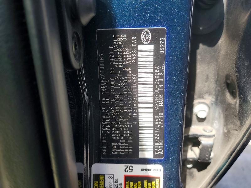 61028866 :رقم المزاد ، 4T1F31AK3LU010490 vin ، 2020 Toyota Camry مزاد بيع