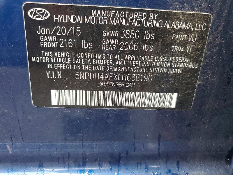 60444176 :رقم المزاد ، 5NPDH4AEXFH636190 vin ، 2015 Hyundai Elantra مزاد بيع