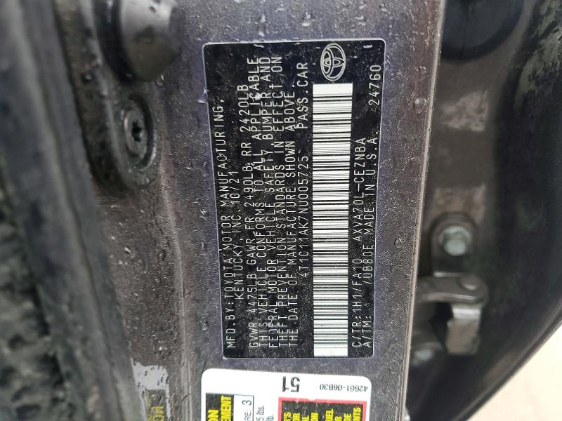 Продаж на аукціоні авто 2022 Toyota Camry, vin: 4T1C11AK7NU005725, номер лоту: 61234406