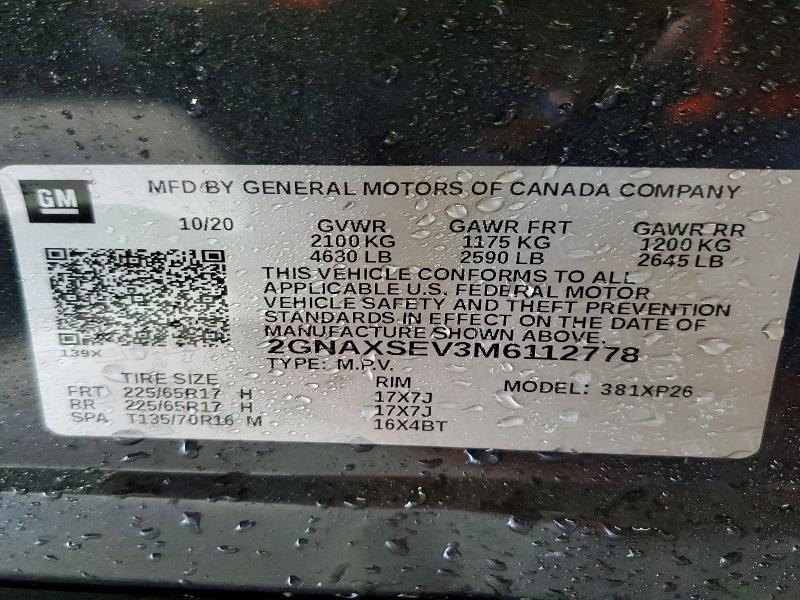 Auction sale of the 2021 Chevrolet Equinox, vin: 2GNAXSEV3M6112778, lot number: 59773786