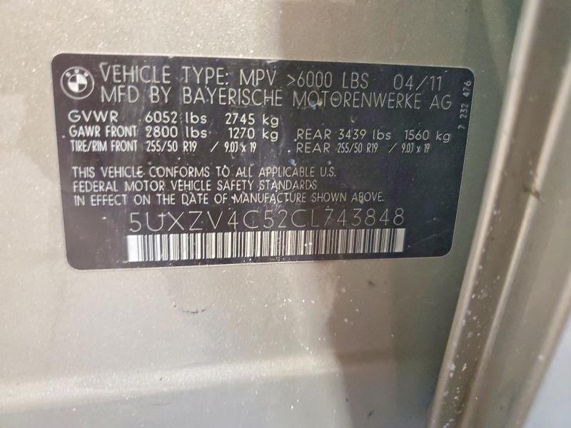 Продаж на аукціоні авто 2012 Bmw X5, vin: 5UXZV4C52CL743848, номер лоту: 58964856