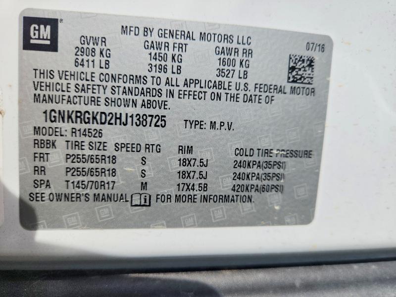 Продажа на аукционе авто 2017 Chevrolet Traverse, vin: 1GNKRGKD2HJ138725, номер лота: 60230296