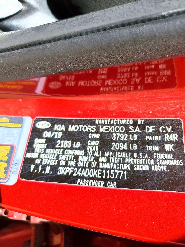 59611536 :رقم المزاد ، 3KPF24AD0KE115771 vin ، 2019 Kia Forte مزاد بيع