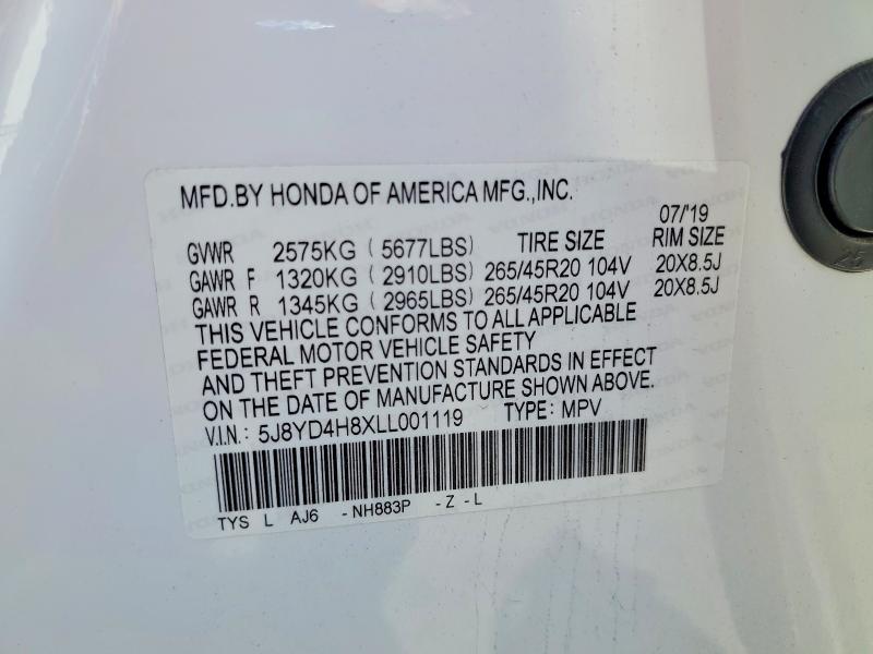 61623646 :رقم المزاد ، 5J8YD4H8XLL001119 vin ، 2020 Acura Mdx مزاد بيع