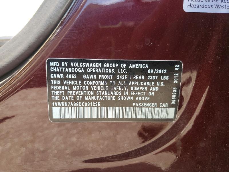Aukcja sprzedaży 2013 Volkswagen Passat, vin: 1VWBN7A38DC031235, numer aukcji: 59784656