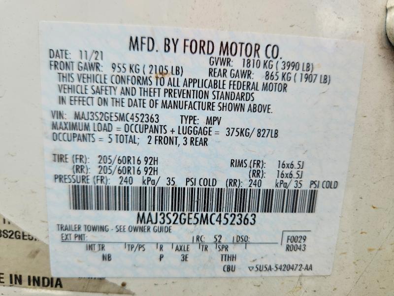 Продажа на аукционе авто 2021 Ford Ecosport, vin: MAJ3S2GE5MC452363, номер лота: 62753096