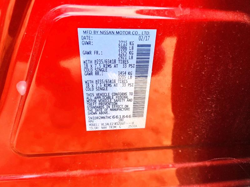 Aukcja sprzedaży 2017 Nissan Pathfinder, vin: 5N1DR2MN7HC661846, numer aukcji: 59843756