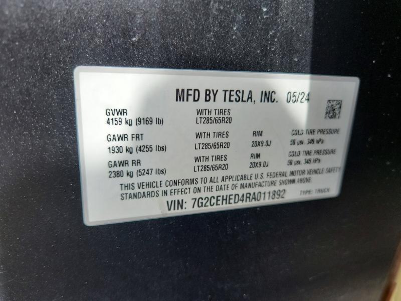 2024 Tesla Cybertruck მანქანა იყიდება აუქციონზე, vin: 7G2CEHED4RA011892, აუქციონის ნომერი: 61803466