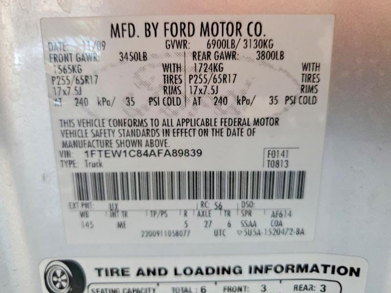 60469796 :رقم المزاد ، 1FTEW1C84AFA89839 vin ، 2010 Ford F150 مزاد بيع