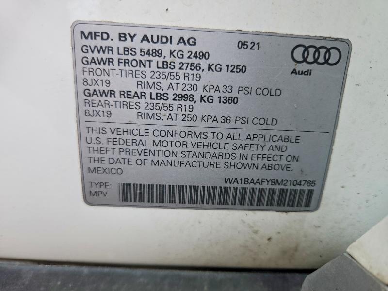 2021 Audi Q5 მანქანა იყიდება აუქციონზე, vin: WA1BAAFY8M2104765, აუქციონის ნომერი: 60040826