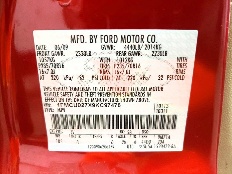 2009 Ford Escape მანქანა იყიდება აუქციონზე, vin: 1FMCU027X9KC97478, აუქციონის ნომერი: 61908926
