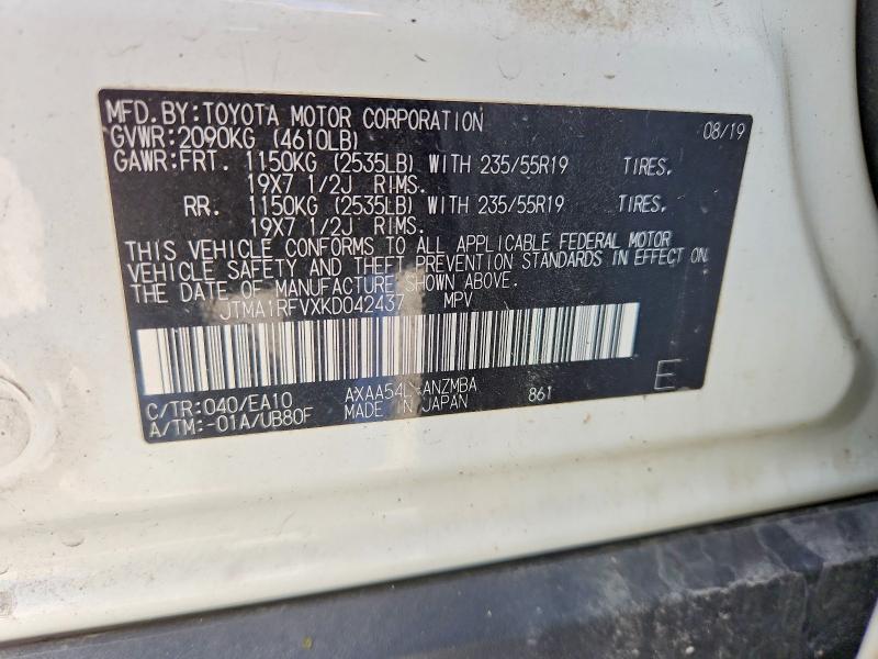 60606656 :رقم المزاد ، JTMA1RFVXKD042437 vin ، 2019 Toyota Rav4 مزاد بيع