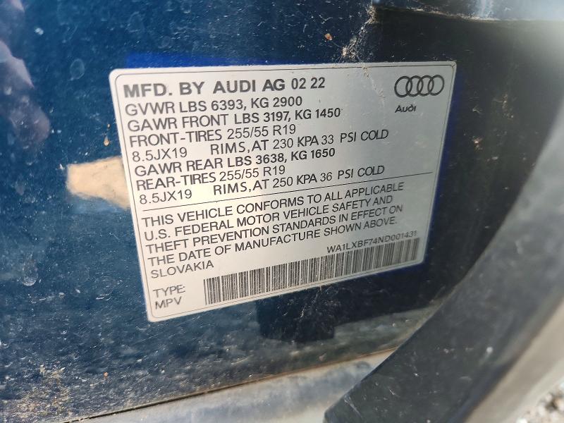 Aukcja sprzedaży 2022 Audi Q7, vin: WA1LXBF74ND001431, numer aukcji: 63193126