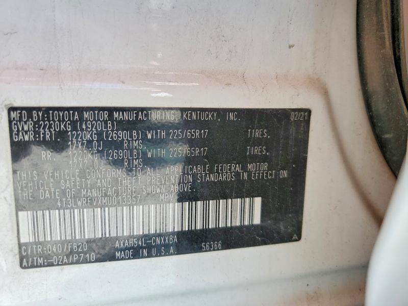 2021 Toyota Rav4 მანქანა იყიდება აუქციონზე, vin: 4T3LWRFVXMU013357, აუქციონის ნომერი: 61681186