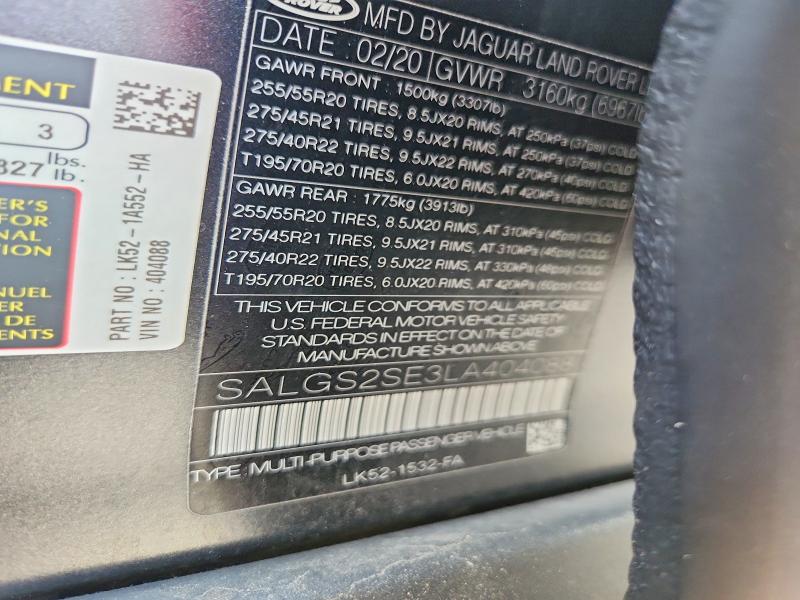 Продаж на аукціоні авто 2020 Land Rover Range Rover, vin: SALGS2SE3LA404088, номер лоту: 60187246