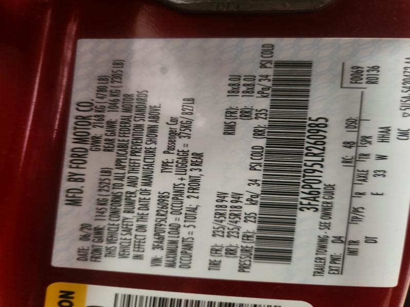 60772706 :رقم المزاد ، 3FA6P0T95LR260985 vin ، 2020 Ford Fusion مزاد بيع