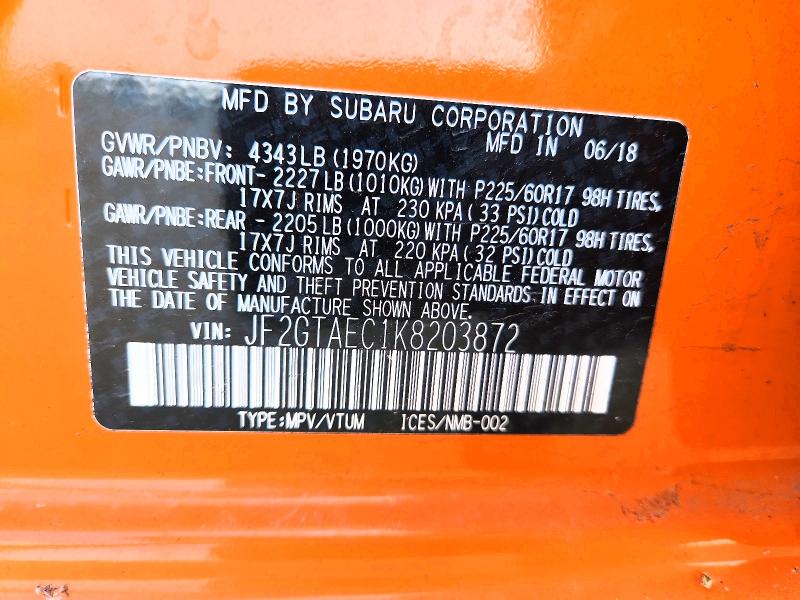 Aukcja sprzedaży 2019 Subaru Crosstrek, vin: JF2GTAEC1K8203872, numer aukcji: 61346796