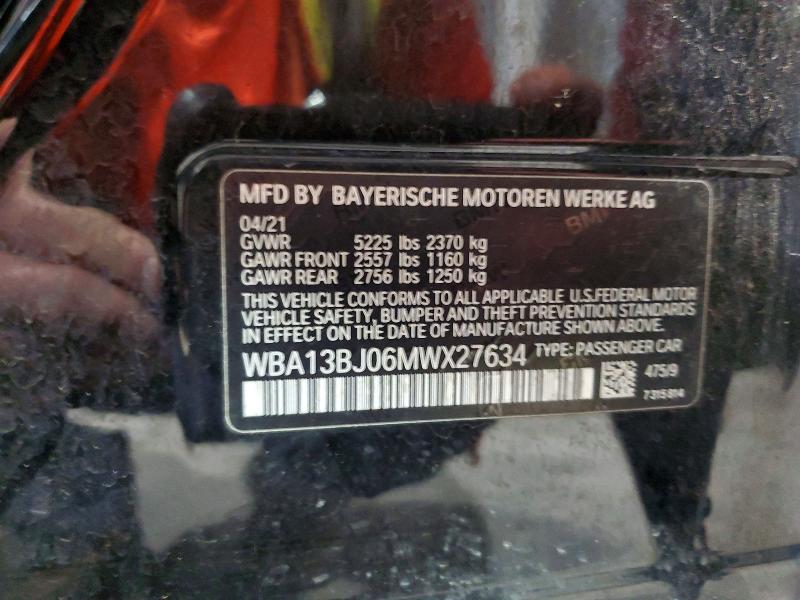 62954566 :رقم المزاد ، WBA13BJ06MWX27634 vin ، 2021 Bmw 530 مزاد بيع