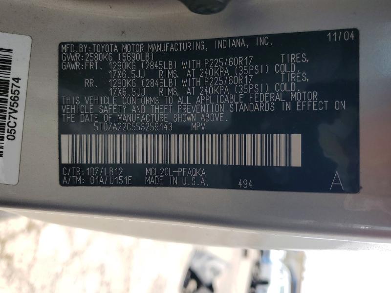 Aukcja sprzedaży 2005 Toyota Sienna, vin: 5TDZA22C55S259143, numer aukcji: 61733906