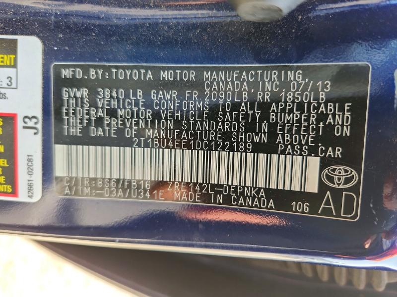 62485286 :رقم المزاد ، 2T1BU4EE1DC122189 vin ، 2013 Toyota Corolla مزاد بيع