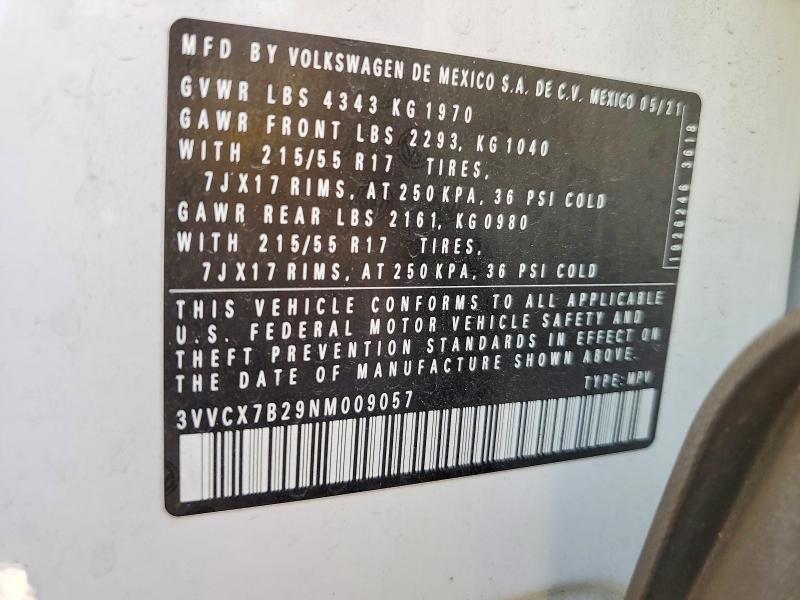 2022 Volkswagen Taos მანქანა იყიდება აუქციონზე, vin: 3VVCX7B29NM009057, აუქციონის ნომერი: 60062876