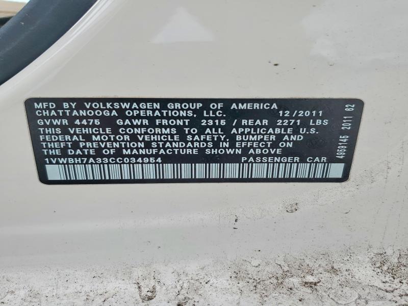 Продажа на аукционе авто 2012 Volkswagen Passat, vin: 1VWBH7A33CC034954, номер лота: 60801616