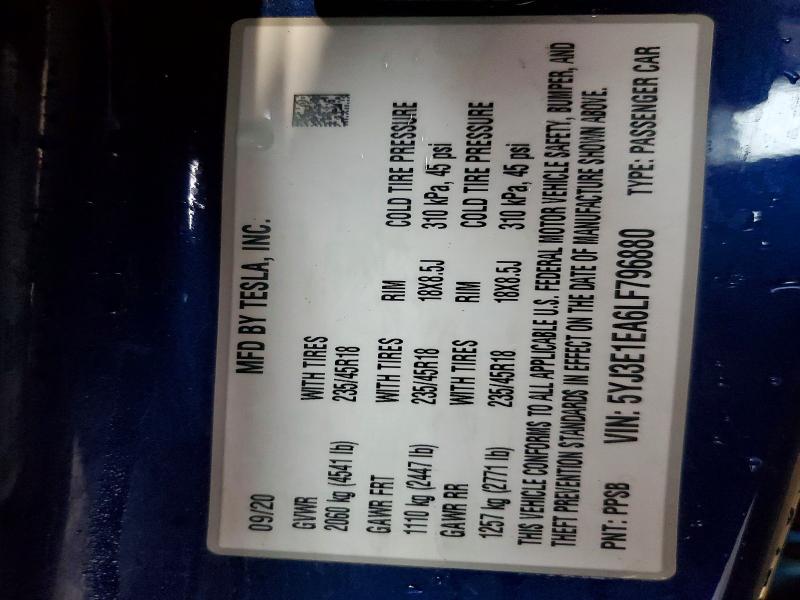 Продаж на аукціоні авто 2020 Tesla Model 3, vin: 5YJ3E1EA6LF796880, номер лоту: 63029146