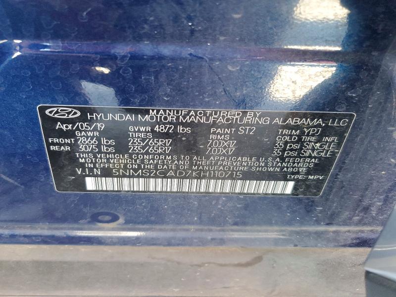 59402296 :رقم المزاد ، 5NMS2CAD7KH110715 vin ، 2019 Hyundai Santa Fe مزاد بيع