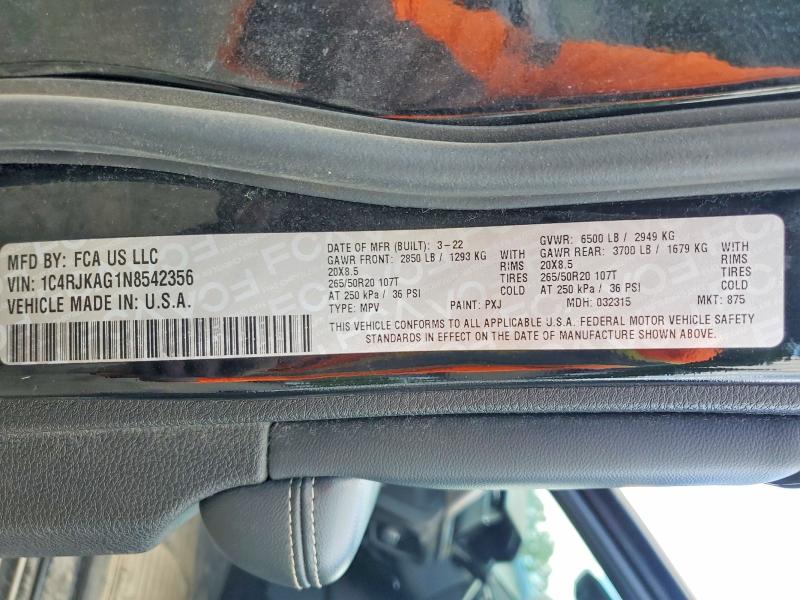 Aukcja sprzedaży 2022 Jeep Grand Cherokee, vin: 1C4RJKAG1N8542356, numer aukcji: 62949826