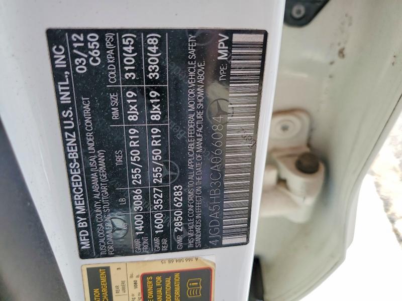 60781956 :رقم المزاد ، 4JGDA5HB3CA066084 vin ، 2012 Mercedes-benz Ml مزاد بيع