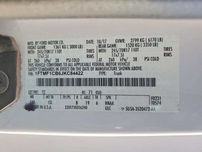 2018 Ford F150 მანქანა იყიდება აუქციონზე, vin: 1FTMF1CB6JKC84422, აუქციონის ნომერი: 62249916