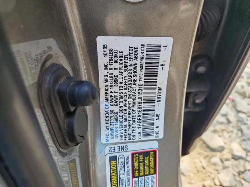 Aukcja sprzedaży 2006 Honda Civic, vin: 1HGFA16876L015310, numer aukcji: 60957926