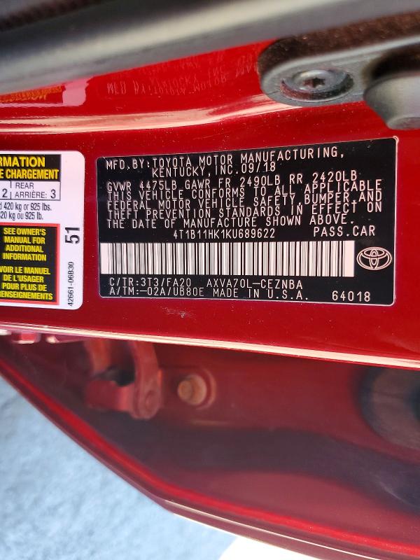 Aukcja sprzedaży 2019 Toyota Camry, vin: 4T1B11HK1KU689622, numer aukcji: 62807726