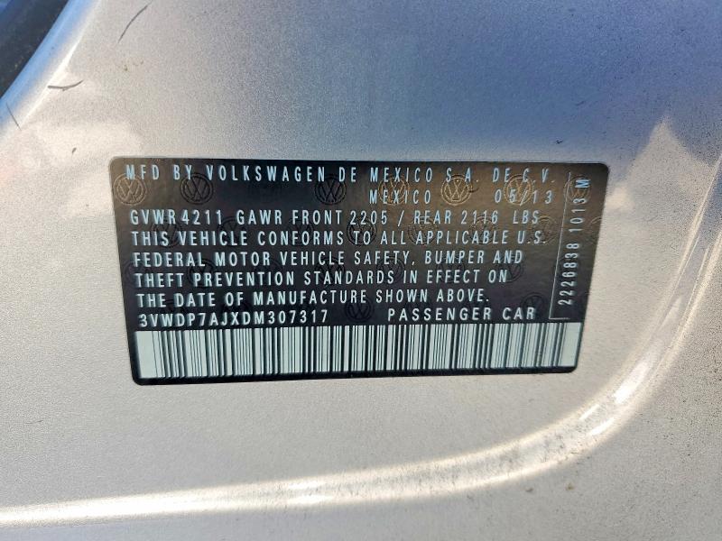 2013 Volkswagen Jetta მანქანა იყიდება აუქციონზე, vin: 3VWDP7AJXDM307317, აუქციონის ნომერი: 59895696