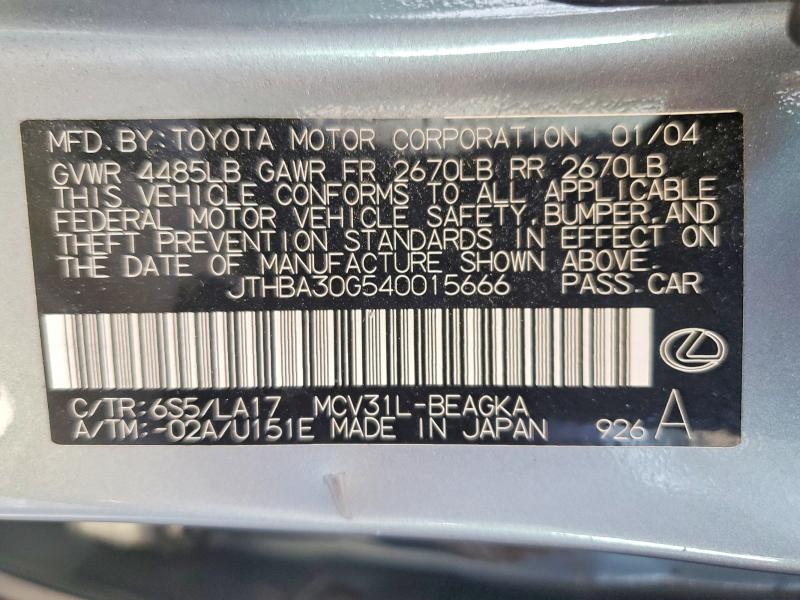 Aukcja sprzedaży 2004 Lexus Es, vin: JTHBA30G540015666, numer aukcji: 63236406