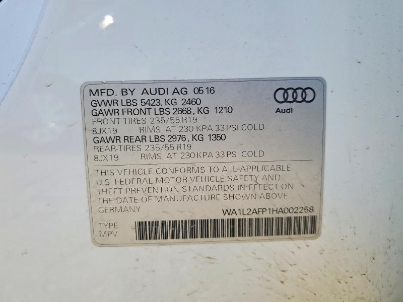 2017 Audi Q5 მანქანა იყიდება აუქციონზე, vin: WA1L2AFP1HA002258, აუქციონის ნომერი: 60599676