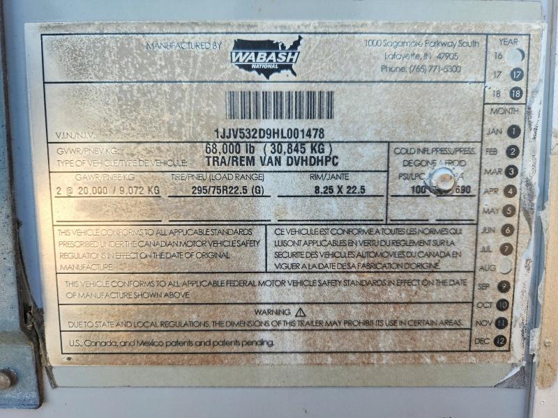 Продаж на аукціоні авто 2017 Wabash Dry Van Duraplate, vin: 1JJV532D9HL001478, номер лоту: 58790846