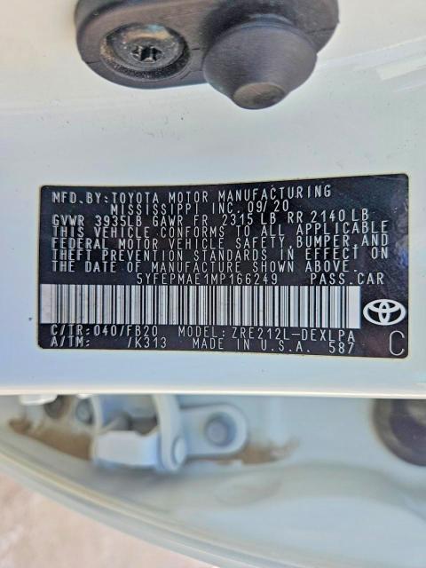 2021 Toyota Corolla მანქანა იყიდება აუქციონზე, vin: 5YFEPMAE1MP166249, აუქციონის ნომერი: 62352206